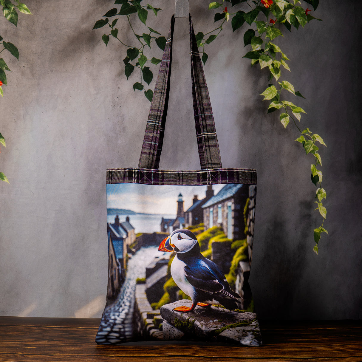 Handmade Puffin Tote Bag with Tartan Back