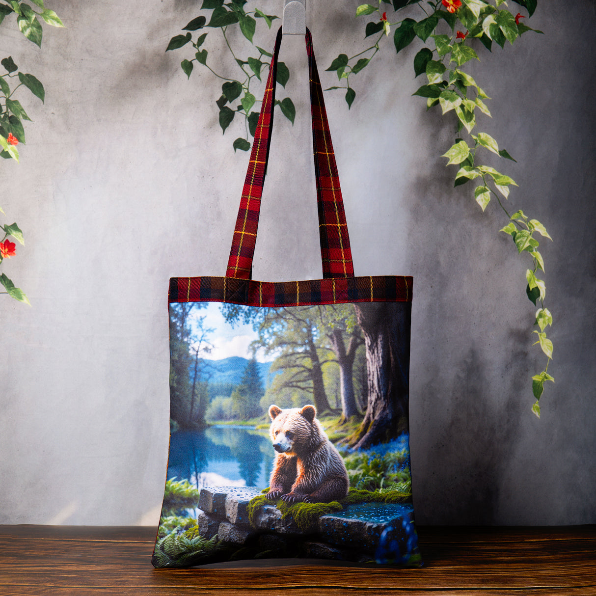 Handmade Wilderness Bear Tote Bag with Tartan Back